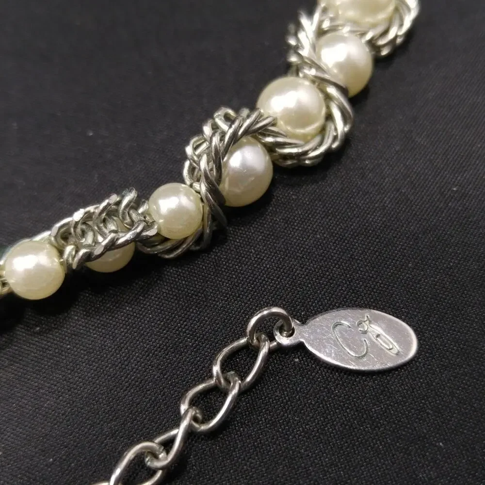 Faux Pearl Silver Chain Memory Wire Choker Necklace, 21 Inches, CG Hangtag
